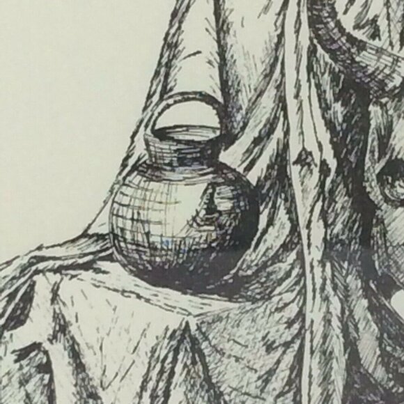 Katie Redel Pen Ink Drawing Southwestern Still Life Pottery Cow Skull Framed - Picture 5 of 7